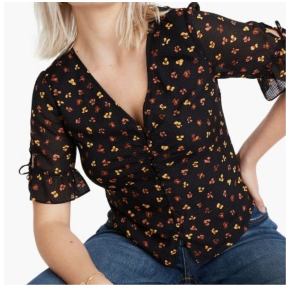 Madewell 100% Silk Black Floral Ruched V-Neck Button Front Blouse 00 Tie Sleeve